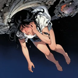 detailed image of a crying girl falling in the deep space by richard corben, rich deep colors. masterpiece . intricate artwork, very coherent symmetrical artwork, cinematic, hyper realism, high detail, octane render, unreal engine, 8k, Vibrant colors, Smooth gradients, High contrast, depth of field. by Katsuhiro Otomo, full body character drawing, inspired by Evangeleon, clean ink detailed line drawing, intricate detail, extremely detailed.