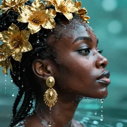hyperrealistic modern cinematic very expressive! profile black oshun goddess, head emerging from water, mirror dripping droplet!, gold flowers, highly detailed face, digital art masterpiece, smooth eric zener cam de leon, dynamic pearlescent teal light, low angle uhd 8 k, sharp focus