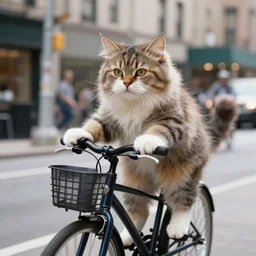 a fuzzy cat riding a bicycle down the streets of new york city, photorealistic