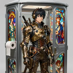 photo realistic, realistic, very detailed, steampunk gear wearing bree williamson detailed features retrofuturistic sci - fi, anime style, high quality, transparent glass, toilet paper, portapotty, intricate, stained glass by alphonse mucha by taras shevchenko