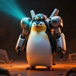 mecha Anthropomorphic penguin, dark scene, cinematic light, cyan fresnel light, orange ground light
