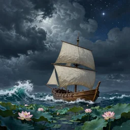a real photographic landscape painting with incomparable reality, super wide, ominous sky, sailing boat, wooden boat, lotus, huge waves, starry night, harry potter, volumetric lighting, clearing, realistic, james gurney, artstation - h 1 0 2 4