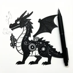 simple clear black micron pen illustration, dragon with steam punk apparatus on its side, concept art, white background, artstation