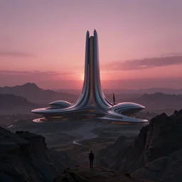 otherworldly mountainous alien planet by arthur haas and bruce pennington and john schoenherr with a zaha hadid building, cinematic matte painting, 8 k, pink sunset, dark moody colors