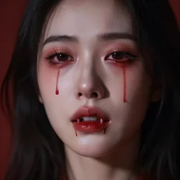 masterpiece portrait of a woman with fangs crying tears of red blood
