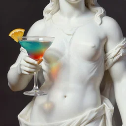 close - up of white reneissance statue holding a coctail, colorful coctail, digital painting, 3 d render