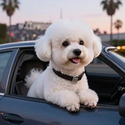 a photorealistic image of bichon frise riding in the back on an uber in Hollywood at dusk. This 4K HD image is Trending on Artstation, featured on Behance, well-rendered, extra crisp, features intricate detail and the style of Unreal Engine.