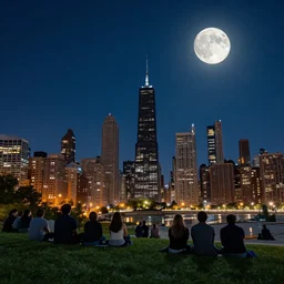 people sitting on a hill watching chicago at night. the sky had stars and a full moon. hyperdetailed, artstation, cgsociety, 8 k