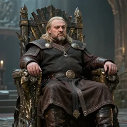 Alexander Lukashenko as a Jarl of Belarus Hold in The Elder Scrolls V: Skyrim sitting on his throne in a slumped pose