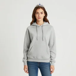 twiggy fashion pose wearing, gray hoodie, jeans, tiara, half body shot, path traced, highly detailed, high quality, digital painting, alena aenami, leonid afremov, lilia alvarado, shinji aramaki, karol bak, alphonse mucha, tom bagshaw