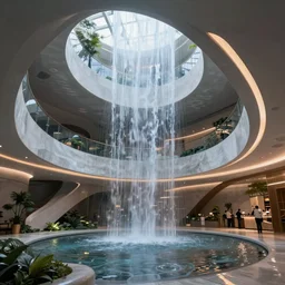 extremely detailed stunning curvilinear museum interior with water fall sculpture and led