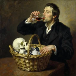 morpheus drinking a 4 0 in a death basket, painting by'jon hale '!!! gaston bussiere, craig mullins