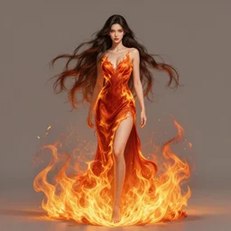 beautiful long haired girl, fire dress, full body photo, flames everywhere, highly detailed, digital painting, artstation, concept art, smooth, sharp focus, illustration, art by artgerm and greg rutkowski and alphonse mucha