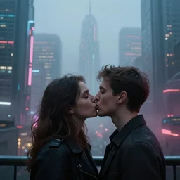 men kissing in front of a foggy view of cyberpunk style future city, neon lights, a hyper realistic professional photographic view,very beautiful scenery, very realistic painting effect, hd, hdr, cinematic 4k wallpaper, 8k, ultra detailed, high resolution,