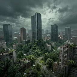 overgrown city by Zdzislaw Belkinski , digital art, surreal, horror, HD, 8K