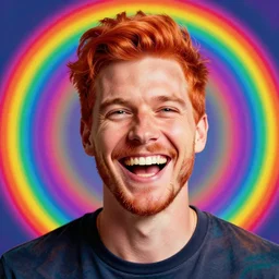 a portrait of a laughing man with ginger hair, by ross tran, psychedelic, rainbow