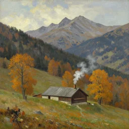 an alpine landscape with a cottage with a smoky chimney, fall, by edward hopper, new artstation artist,