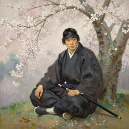 an oil painting of a samurai warrior sitting under a cherry tree with white blossoms, sakimi chan, edward robert hughes