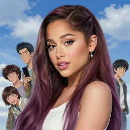 ariana grande | | fine detail!! anime!! realistic shaded lighting!! poster by ilya kuvshinov katsuhiro otomo, magali villeneuve, artgerm, jeremy lipkin and michael garmash and rob rey, enjoy herself, blue cloudy sky as the background