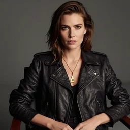 woman with brown hair sitting in a chair wearing a leather jacket and a golden necklace, in the style of charlie bowater
