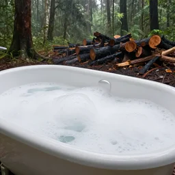 pristine porcelain bath filled with bubbles in a clearcut rainforest, slash and burn, cleared forest, deforestation, bubble bath, overflowing with bubbles, tree stumps, smouldering charred timber, pile of timber