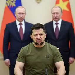 angry vladimir zalenskiy sit infront of vladimir putin.