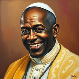 museal painting portrait of an afro american black pope smiling,
