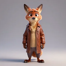 full body, 3d render , anthropomorphic  coyote male , wearing along brown leather jacket , in the style of Zootopia