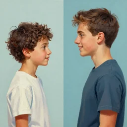 a profile painting of a typical millennial and a typical gen z at 2 1 years old, in the style of an original beeple digital art painting, two - panel, the millennial is on the right side of the painting