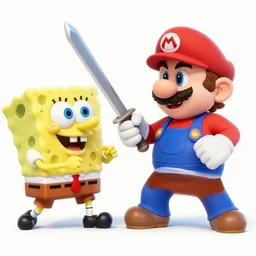 sword fight between Mario Draghi and Spongebob realistic