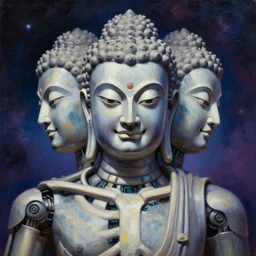 perfectly centered and symmetrical portrait of a 3 faced biomechanical robot skeleton buddha, intense stare, sarcastic smile, volumetric lighting, volumetric shadows, highly detailed, cosmic background, realistic oil painting by greg rutkowski,