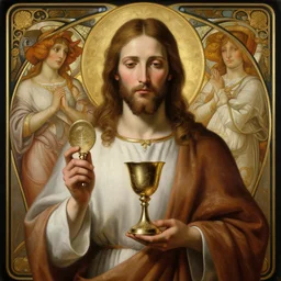 portrait painting of a jesus holding a eucharist and chalice, ultra realistic, concept art, intricate details, highly detailed, photorealistic, octane render, 8 k, unreal engine. art by artgerm and greg rutkowski and magali villeneuve and alphonse mucha