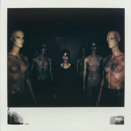 dark room filled with shadowy mannequins with distorted features, distuburbing, horror, nightmare, terrifying, surreal, nightmare fuel, old polaroid, blurry, expired film, lost footage, found footage,