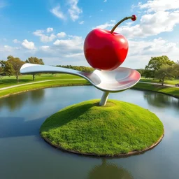 photo of an enormous sculpture of a cherry on the tip of a spoon, on a grassy island in a small pond, within a park.