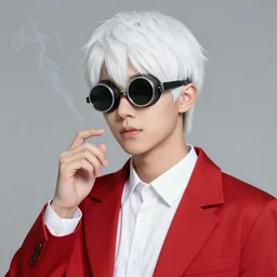 young man in red jacket and white shirt, white hair, round goggles, smoking cigarette, character portrait, sharp focus, illustration, high detailed, sad