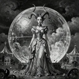 By Tom Bagshaw, ultra realist soft painting of a curiosities carnival by night, beautiful horned dollpunk in long curvy dress, symmetry accurate features, very intricate details, omnious sky, black and white, volumetric light clouds, gigantic transparent glass sphere