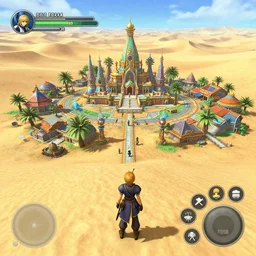 an isolated bustling religious warrior village with bright colorful spiritual sacred alien architecture in the lush oasis of a vast hot sand desert, 3 rd person action adventure, let's play, walkthrough, screenshot, gameplay, final fantasy, ffx, ff 8, chrono trigger, square enix, jrpg, cutscene, unreal engine, 4 k, ultra high settings, rtx, next gen graphics, playstation 5