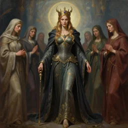 powerful female wizard, surrounded by religious followers, featured on artstation, 8k highly detailed, intricate oil painting, concept art, photorealistic, 3d
