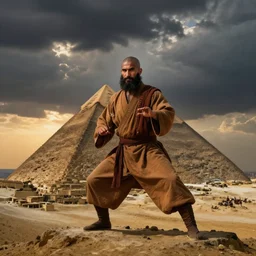a close portrait of a charismatic egyptian / arabic style kung fu - monk on top of a pyramid overlooking the ancient monumental egyptian city, heavy clouds and setting sun, cinematic dark mood, masterpiece by markus larsson, carl larsson and anders zorn