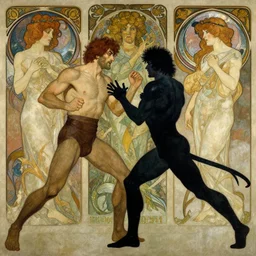 the dayman fighting the nightman. art by artgerm and greg rutkowski and alphonse mucha and tomacz alen kopera.