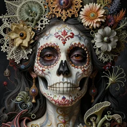 detailed realistic beautiful calaveras death goddess face portrait by jean delville, gustave dore, iris van herpen and marco mazzoni, art forms of nature by ernst haeckel, art nouveau, symbolist, visionary, gothic, neo - gothic, pre - raphaelite, fractal lace, intricate alien botanical biodiversity, surreality, hyperdetailed ultrasharp porcelain