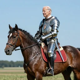 Joe Biden riding a horse with a sword and armour, photo