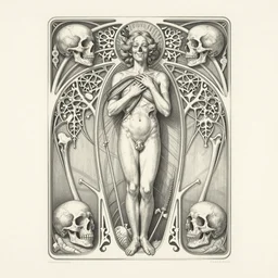 detailed realistic memento mori lithograph by cameron gray and ernst haeckel, gothic ornament, skulls, bones, art nouveau, neogothic, ornate art nouveau botanicals, horizontal symmetry, polished