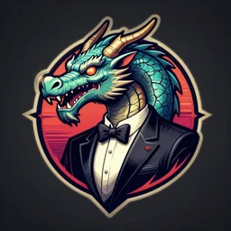 retro electronics logo depicting a dragon head and a tuxedo highly detailed. artstation. r / cyberpunk