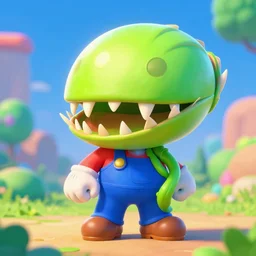 super Mario with giant Venus flytrap with a large round head, sharp teeth, and thin stem