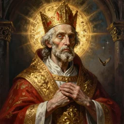 a painting of a portrait of the high pontifex of pain with a halo on his head, golden halo, a detailed painting by santiago caruso, and greg rutkowski, featured on pixiv, gothic art, apocalypse art, antichrist, grotesque, elder, skin, gouache, sinew, artstation