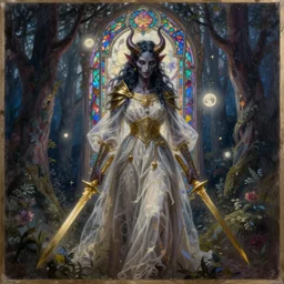 breathtaking detailed soft painting of a knight demon in gauze dress with golden blades, in a moonlight forest with light orbs, intricate colorful stained glass, elegant, highly detailed, artstation, concept art, matte, sharp focus, art by tom bagshaw, luis royo and greg rutkowski