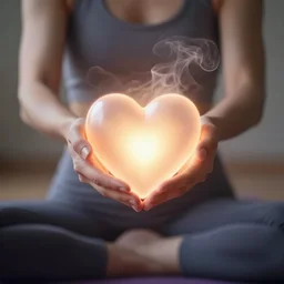 a beautiful heart glowing with love in the hands of a yoga person that gives the heart to you, ultrarealistic motionblur surrounding it with smoke