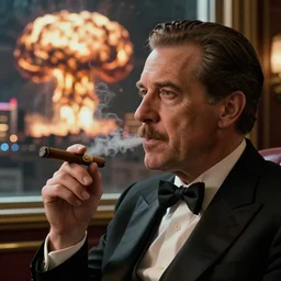 Mr. House, realistic, highly detailed face, looks at the nuclear explosion, from the window of the Lucky 38 Casino and holder hand smokes a cigar; ultra HD, realistic, retro, 45mm, elegant,