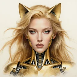 golden pencil drawing of beautiful robot - cat woman face, goddess, beautiful blonde hair flying in the wind, hyper realistic face, in the style of greg rutkowski, beksinski, fantasy, amazing detail, epic, elegant, smooth, sharp focus, from the front, octan render